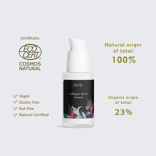 Collagen Boost Serum bottle with certification logos and percentages on a white background