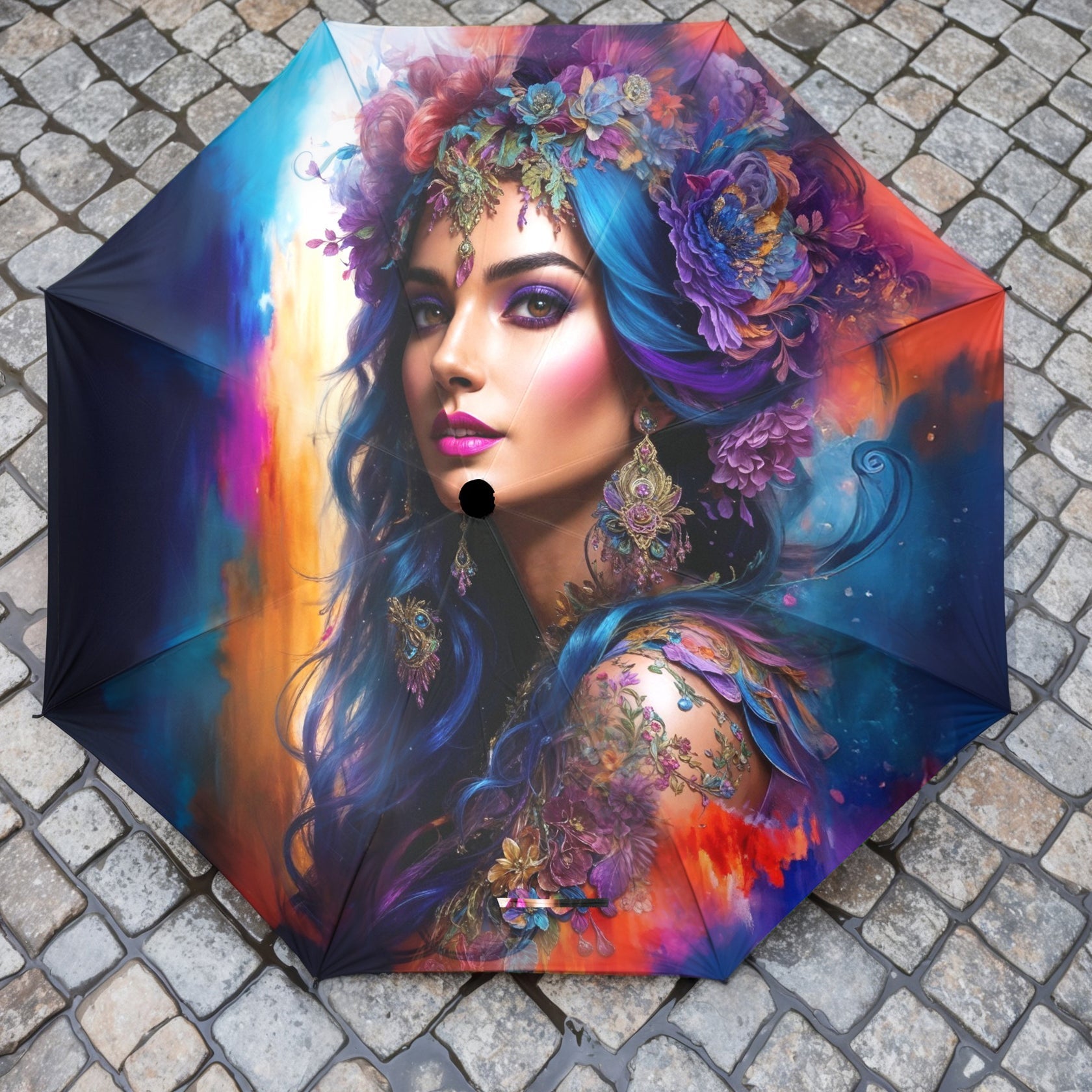 Colorful Artistic Floral Umbrella - Semi-Automatic Foldable - One size - Accessories
