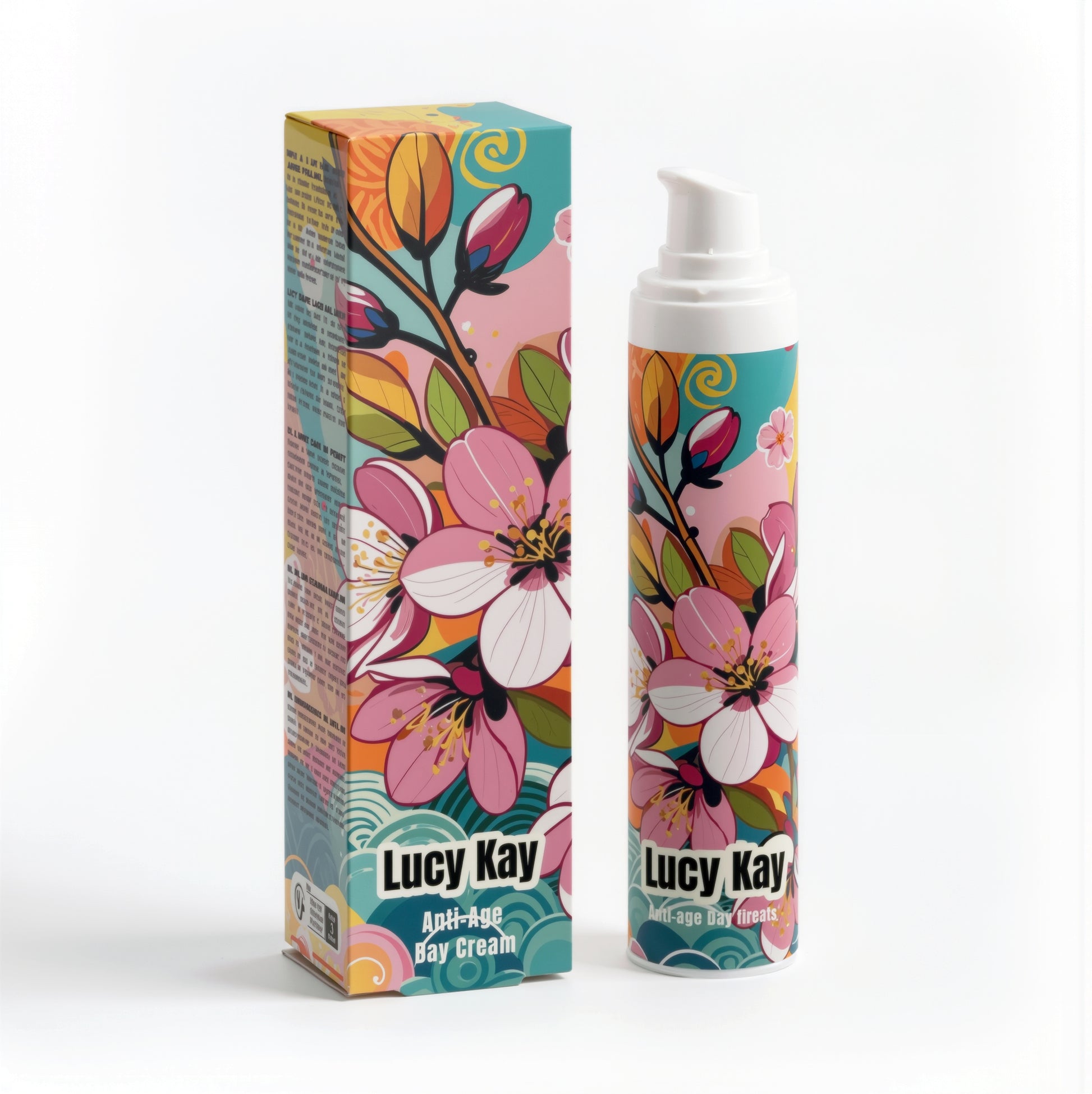 Floral-themed spray bottle and packaging on a light gray background