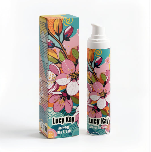 Floral-themed spray bottle and packaging on a light gray background