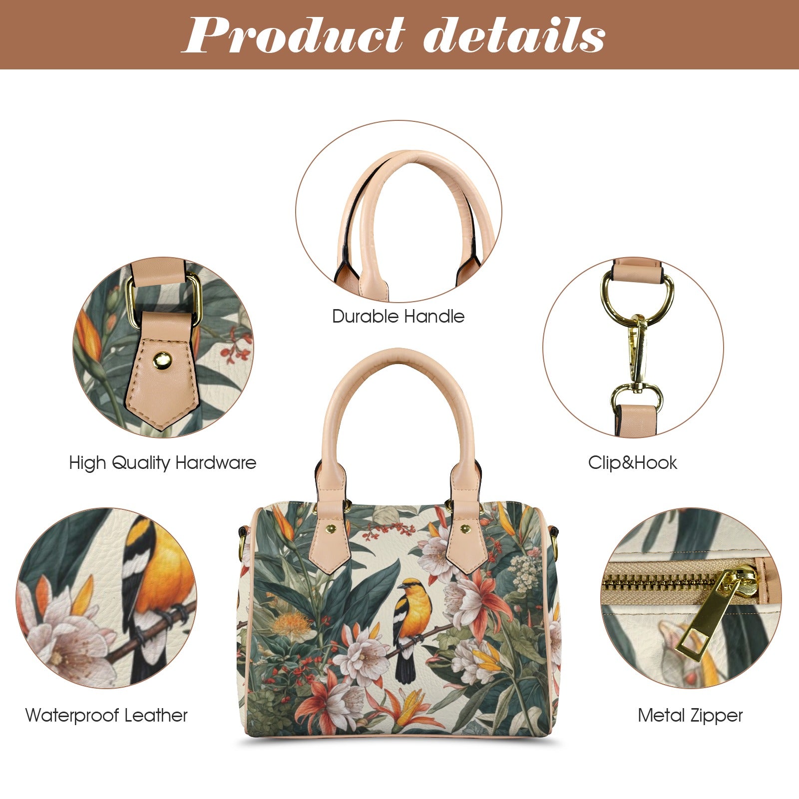 Floral handbag with detailed features on a white background