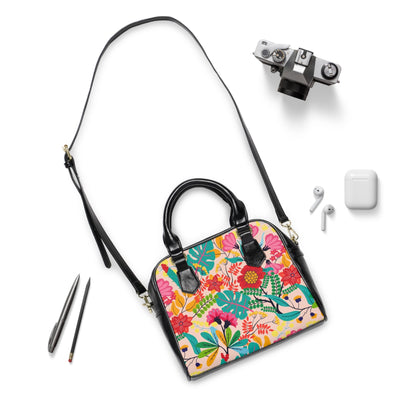 Floral Vegan Leather Shoulder Handbag with Elegant Floral Pattern - 9.45’’ x 8.27’’ / Black - Bags