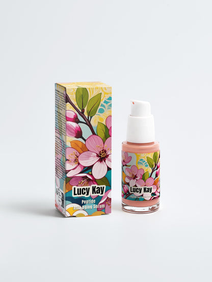 Lucy Kay peptide serum bottle and packaging with floral design on a white background