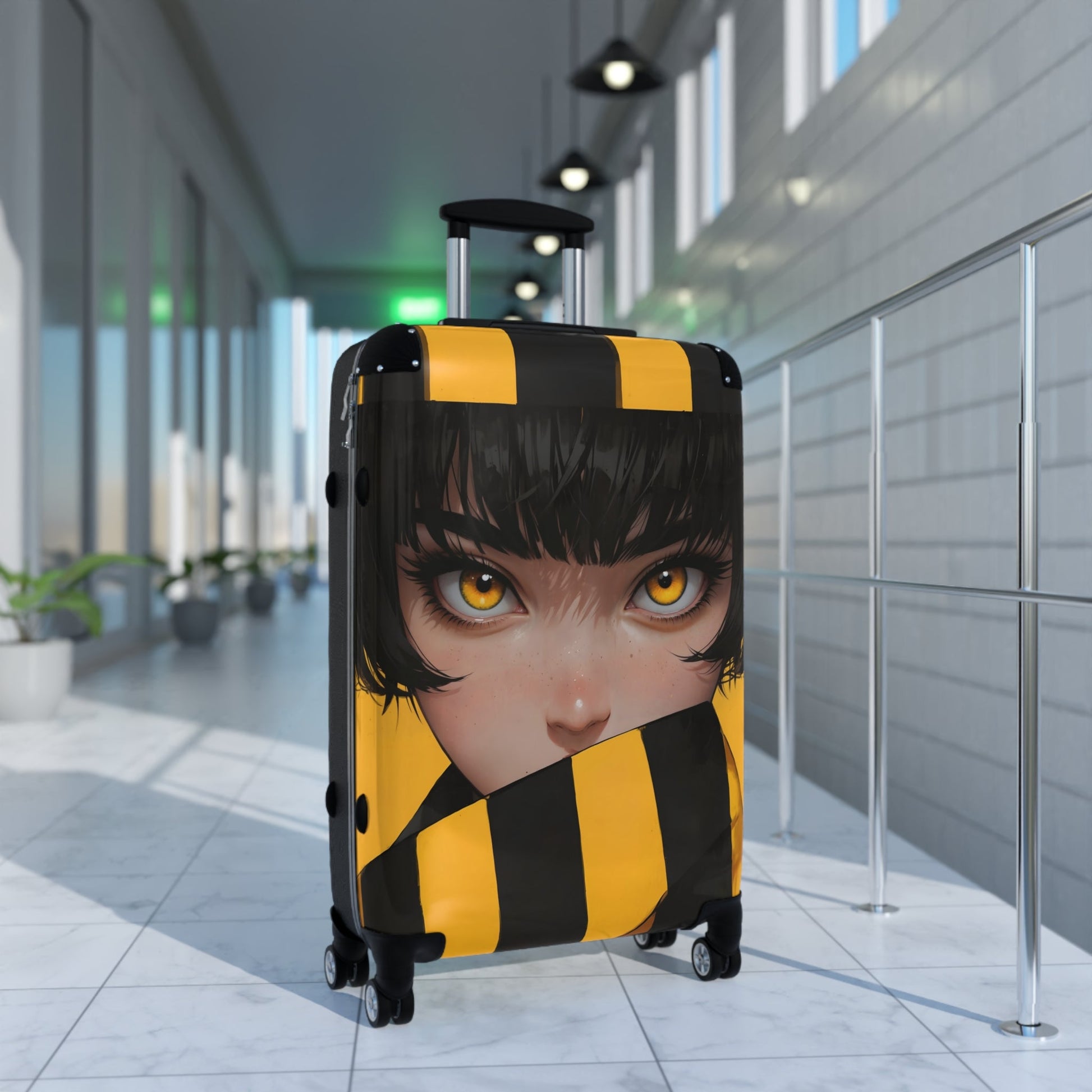 Hoodie - Anime-Inspired Yellow Striped Portrait of a Girl - Bold Character Design - Bags