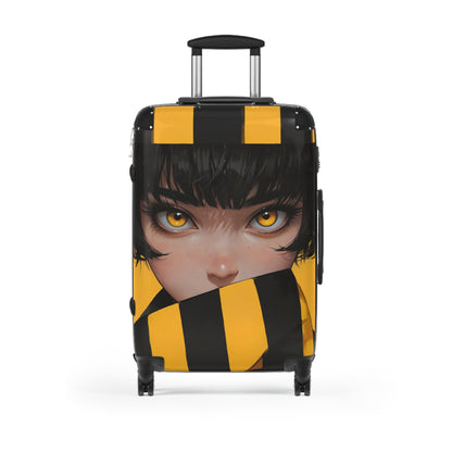 Hoodie - Anime-Inspired Yellow Striped Portrait of a Girl - Bold Character Design - Medium / Black - Bags