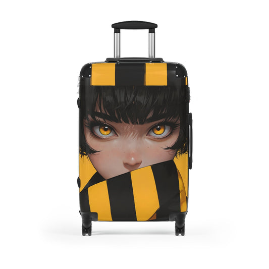 Hoodie - Anime-Inspired Yellow Striped Portrait of a Girl - Bold Character Design - Medium / Black - Bags