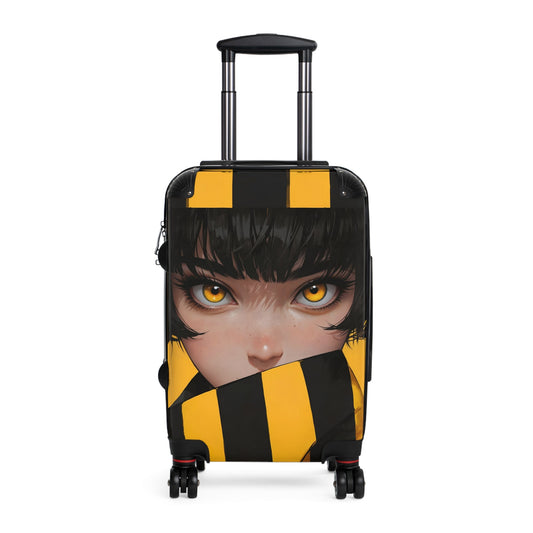 Hoodie - Anime-Inspired Yellow Striped Portrait of a Girl - Bold Character Design - Small / Black - Bags