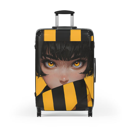 Hoodie - Anime-Inspired Yellow Striped Portrait of a Girl - Bold Character Design - Large / Black - Bags