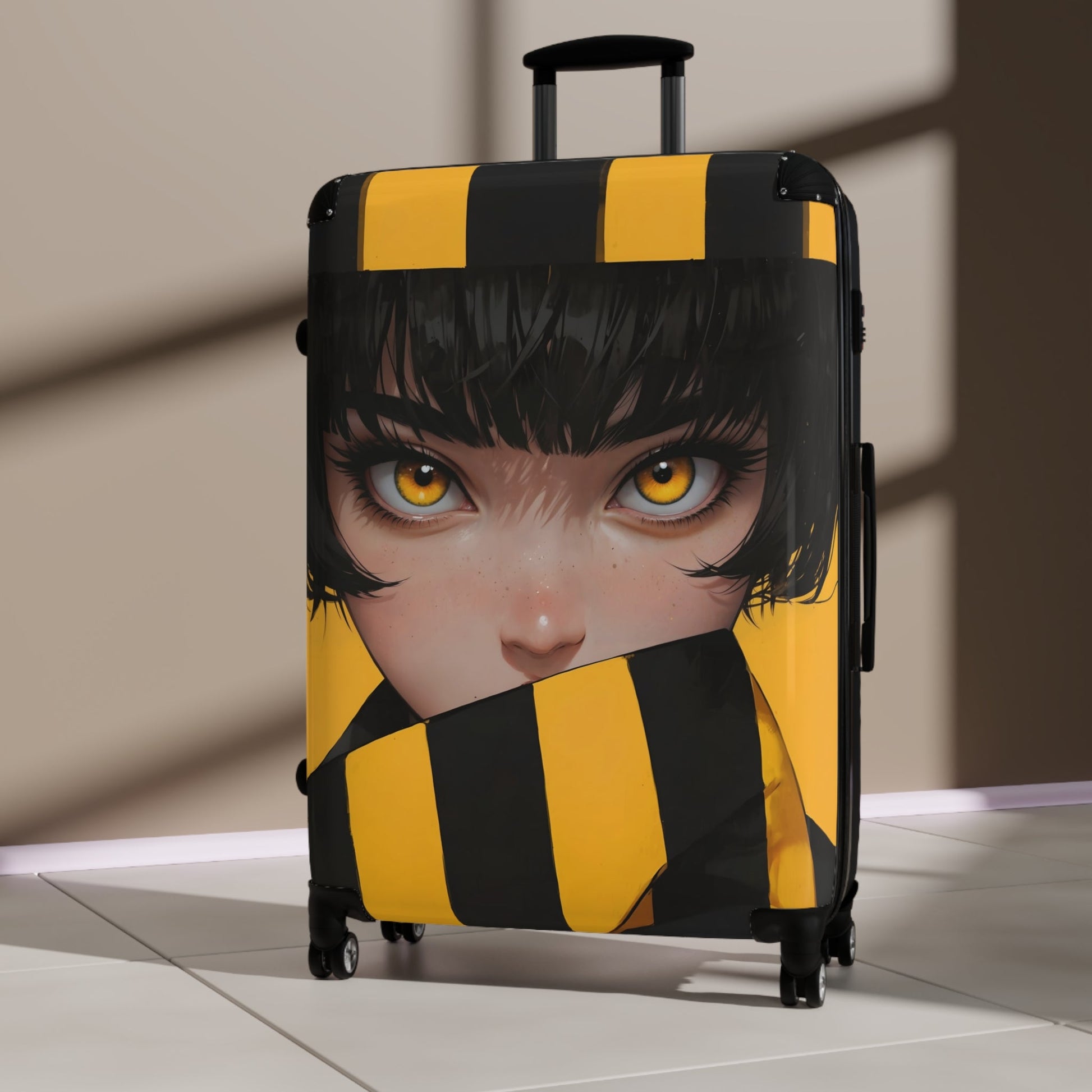Hoodie - Anime-Inspired Yellow Striped Portrait of a Girl - Bold Character Design - Bags