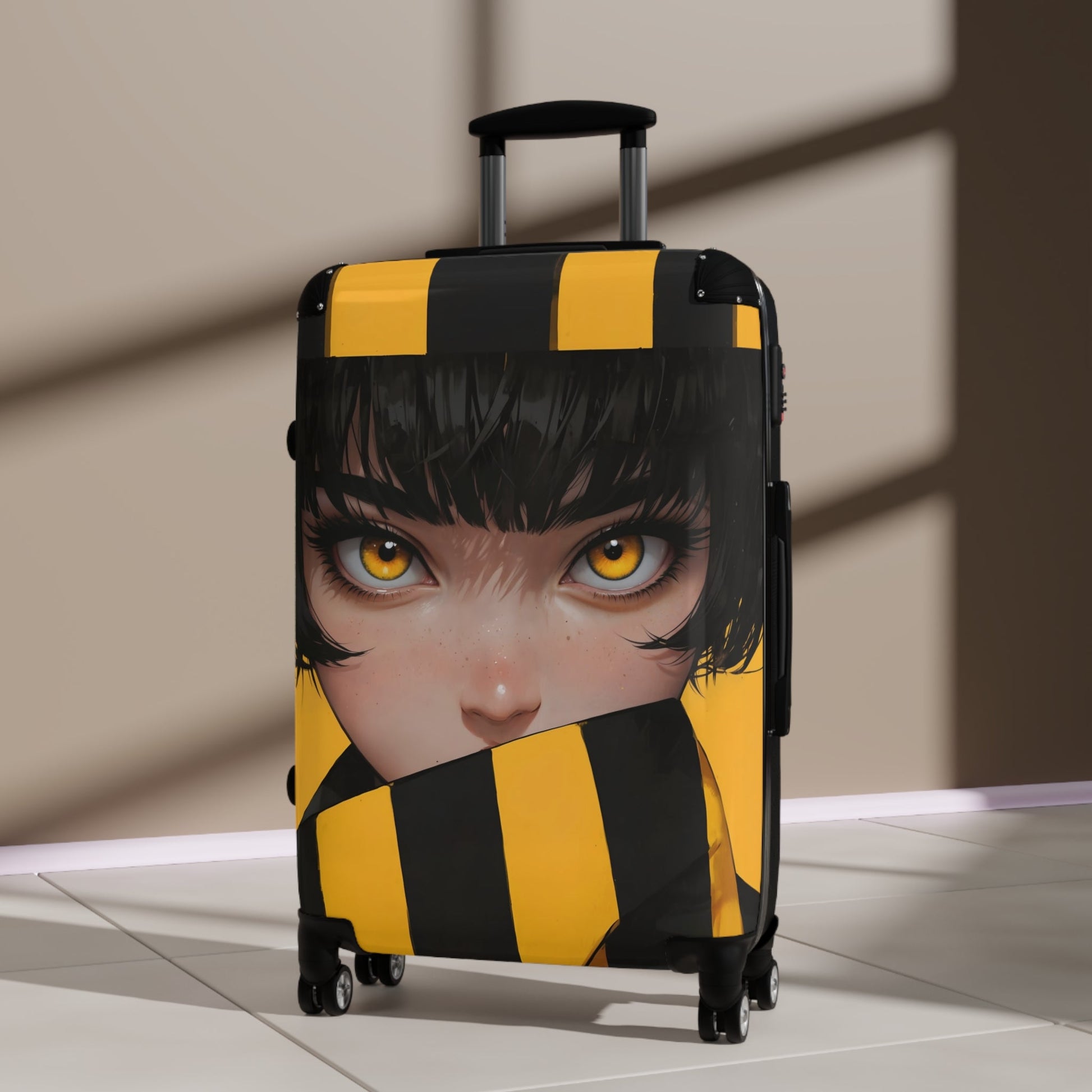 Hoodie - Anime-Inspired Yellow Striped Portrait of a Girl - Bold Character Design - Bags