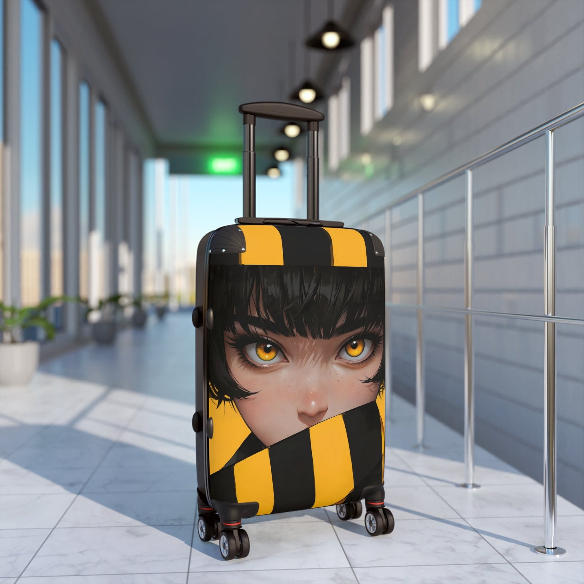 Hoodie - Anime-Inspired Yellow Striped Portrait of a Girl - Bold Character Design - Bags