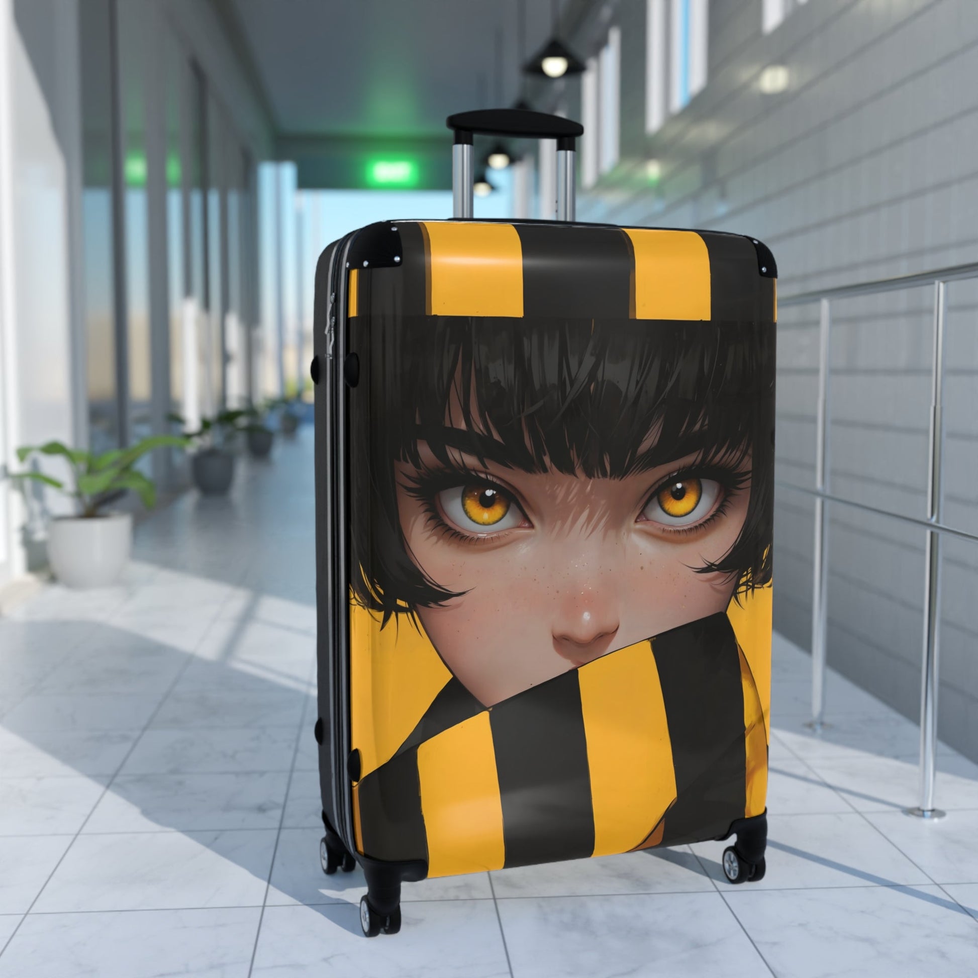 Hoodie - Anime-Inspired Yellow Striped Portrait of a Girl - Bold Character Design - Bags