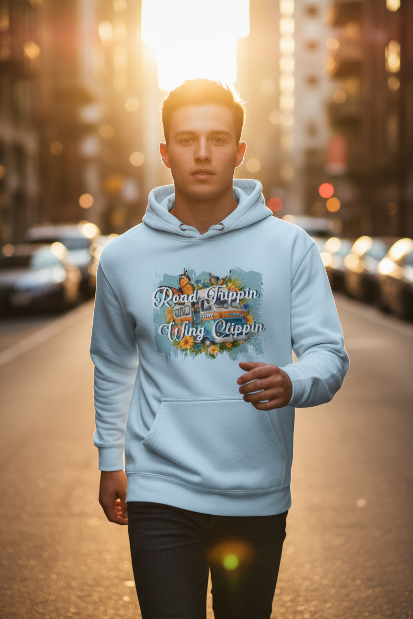 Hyperrealistic lifestyle fashion shot of model wearing Road Trip hoodie