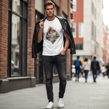 Person wearing watercolor mountain expedition t-shirt - urban lifestyle shot