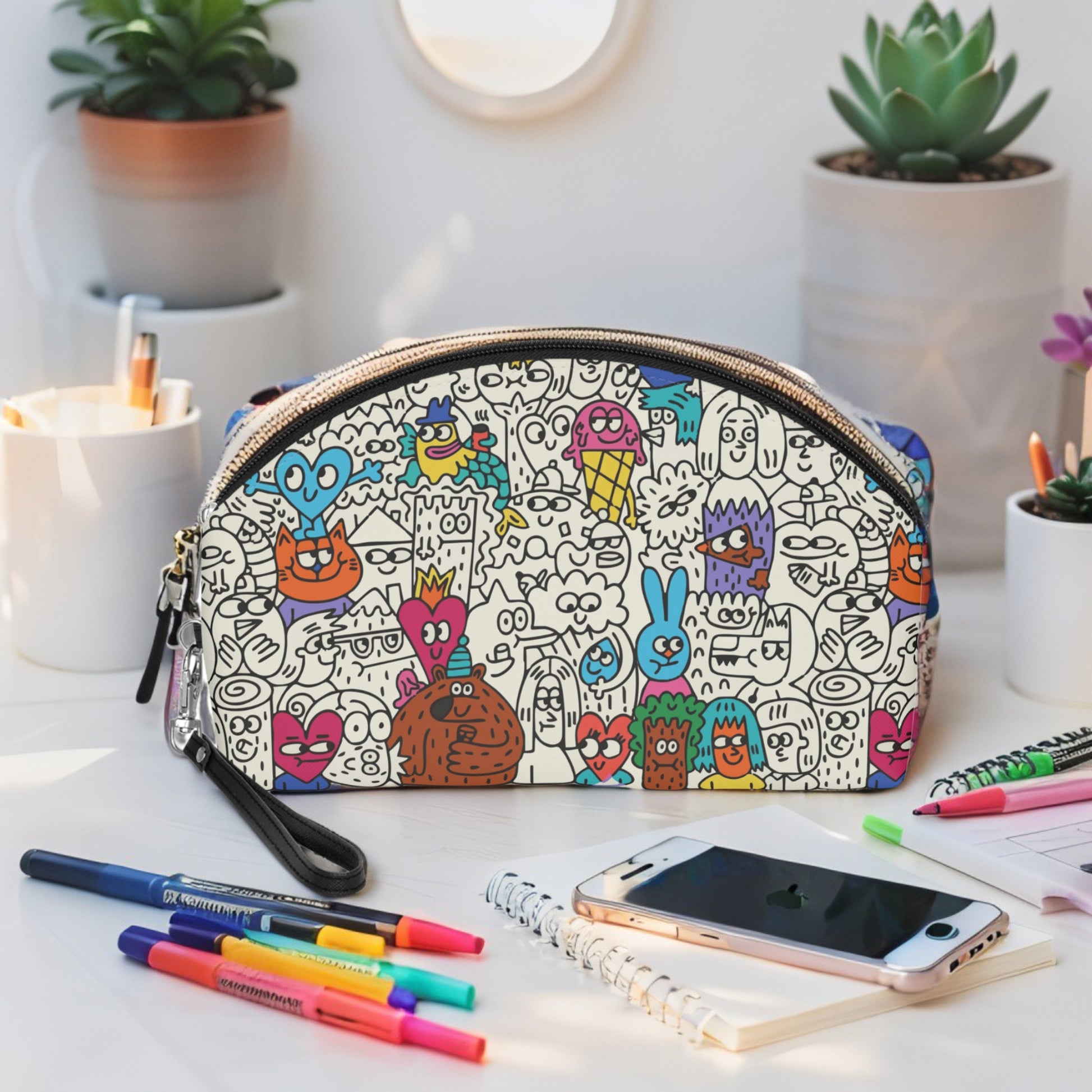 Colorful pencil case with cartoon designs on a desk with stationery items