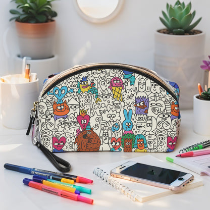 Colorful pencil case with cartoon designs on a desk with stationery items