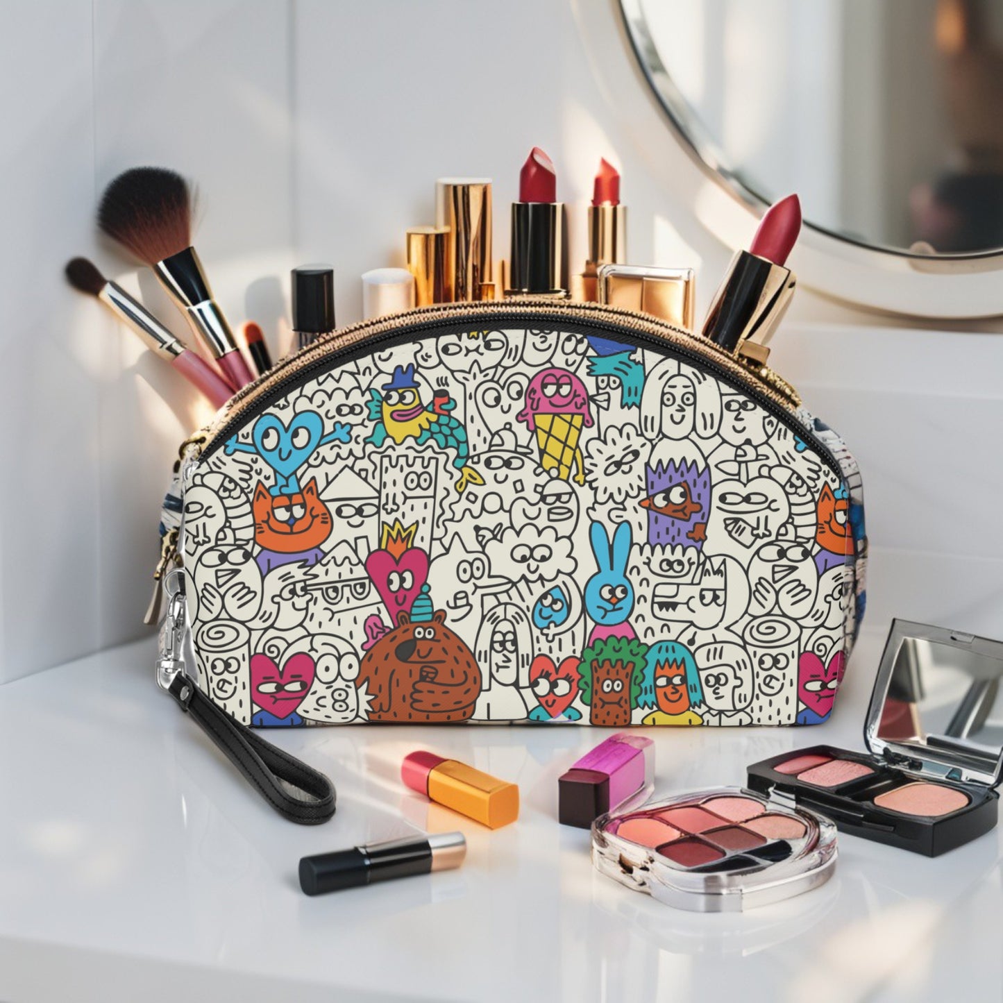 Makeup bag with cartoon designs on a white surface with makeup items around