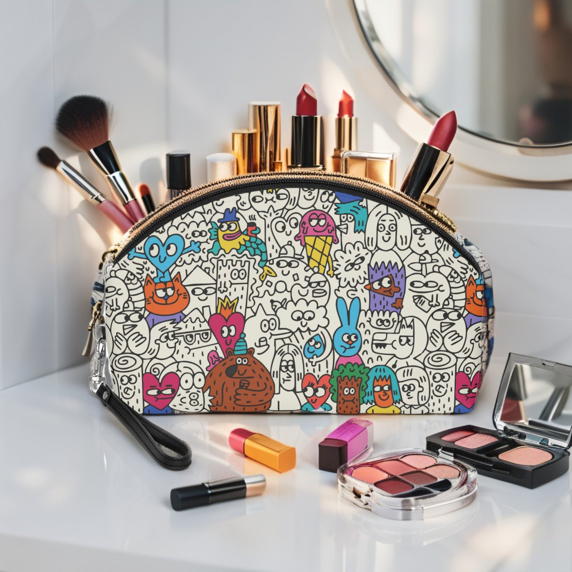Makeup bag with cartoon designs on a white surface with makeup items around
