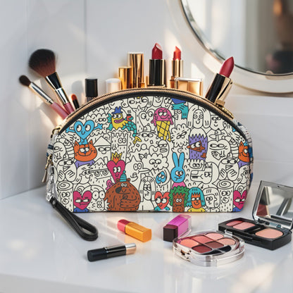 Makeup bag with cartoon designs on a white surface with makeup items around