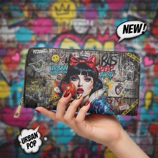 Hand holding a wallet with artistic design against a colorful graffiti background