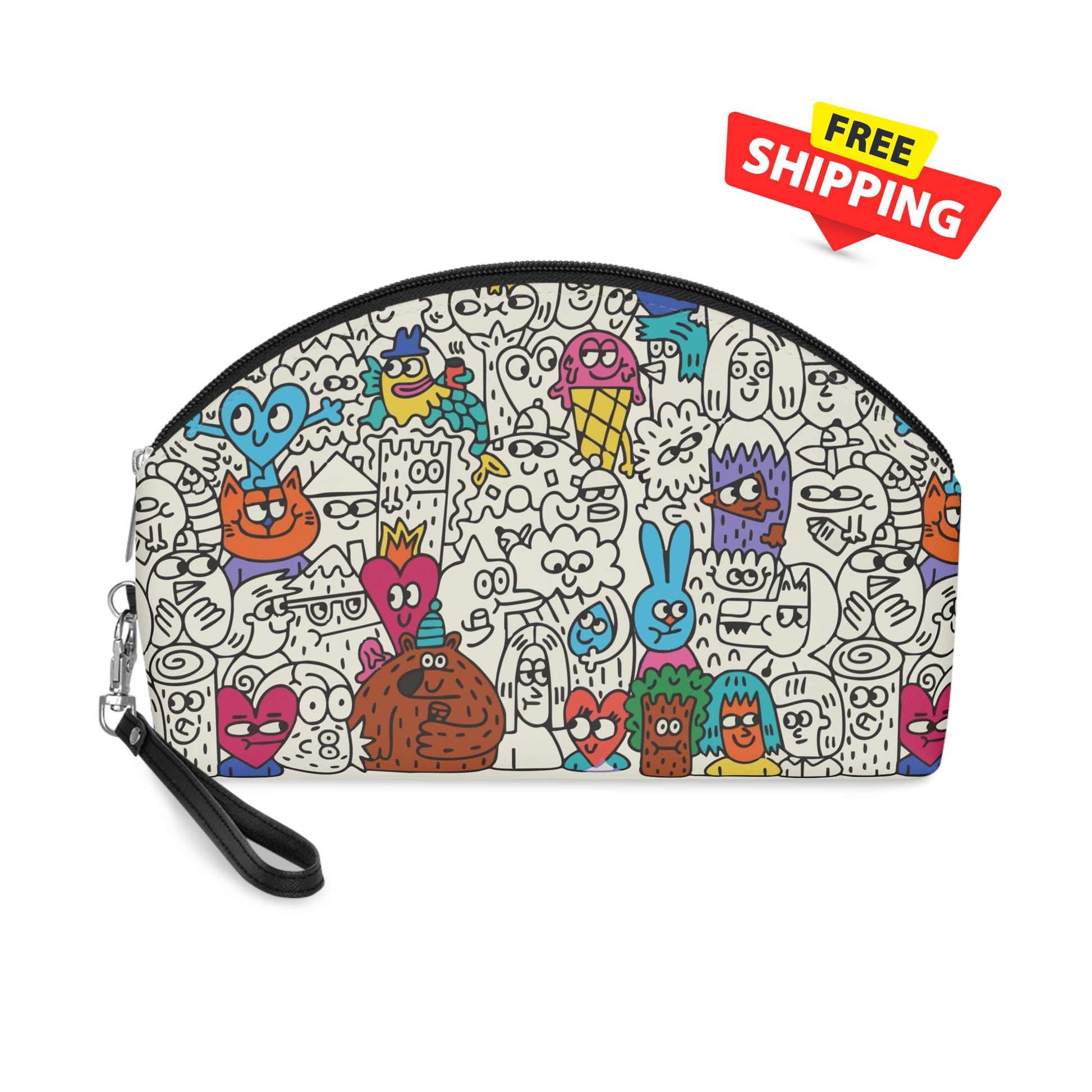 Colorful cartoon-patterned pouch with free shipping label on a white background