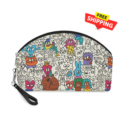 Colorful cartoon-patterned pouch with free shipping label on a white background