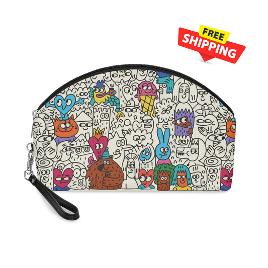 Colorful cartoon-patterned pouch with free shipping label on a white background