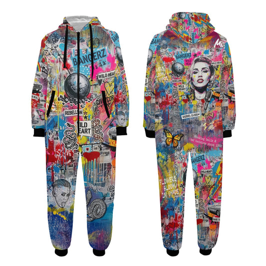 Colorful onesie with graphic designs on a white background