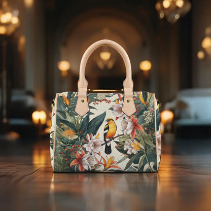 Floral-patterned handbag with birds on a wooden surface in an elegant interior setting