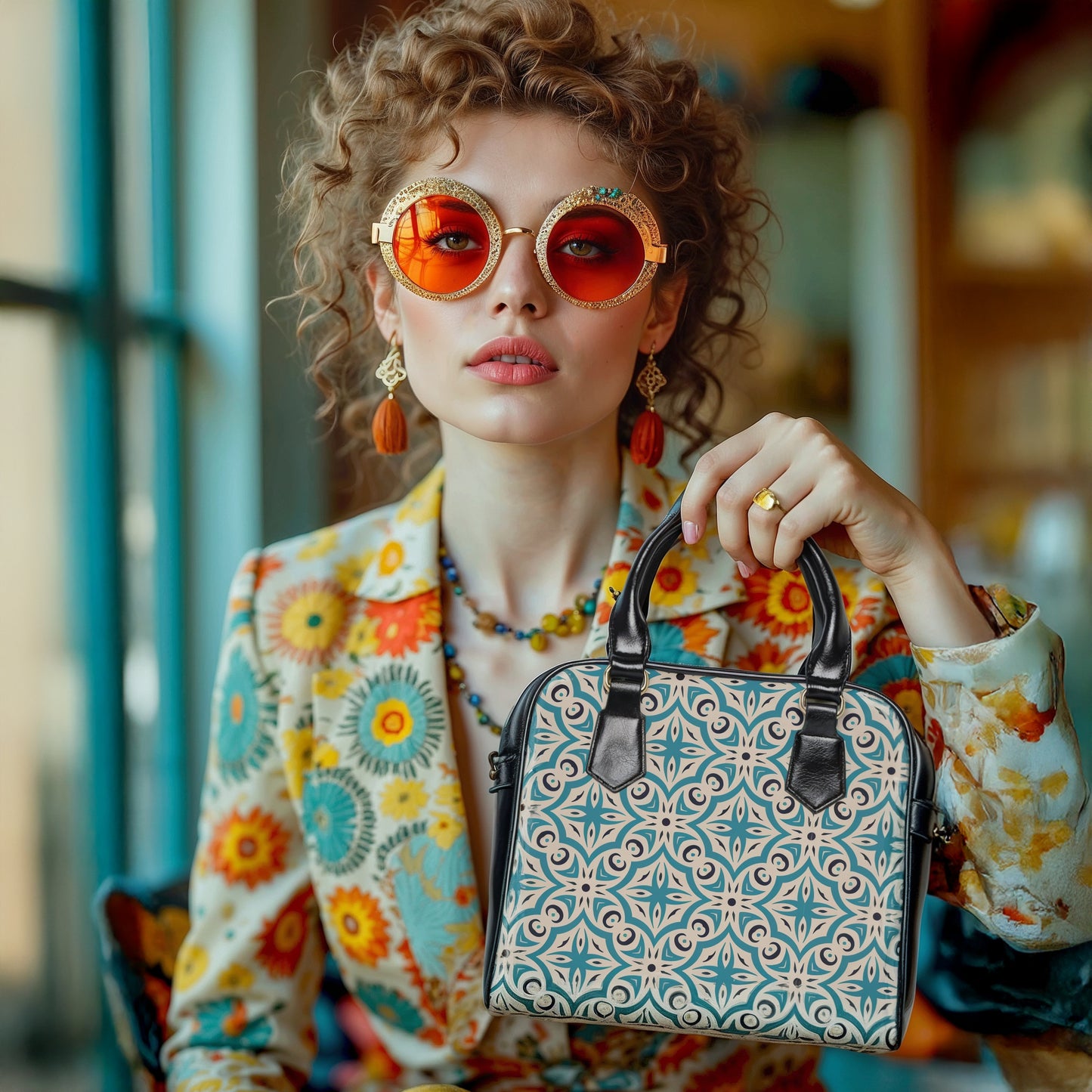 Woman holding a patterned handbag wearing colorful sunglasses and a floral jacket.
