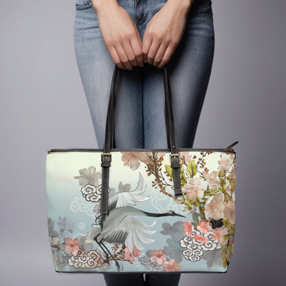 PU Leather Shoulder Bag - Elegant Cranes and Blossoms