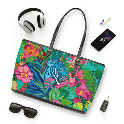 PU Leather Shoulder Bag - Blue Tiger in Jungle Illustration - Bags