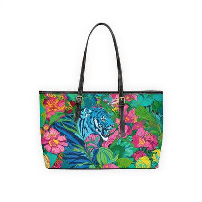 PU Leather Shoulder Bag - Blue Tiger in Jungle Illustration - Bags