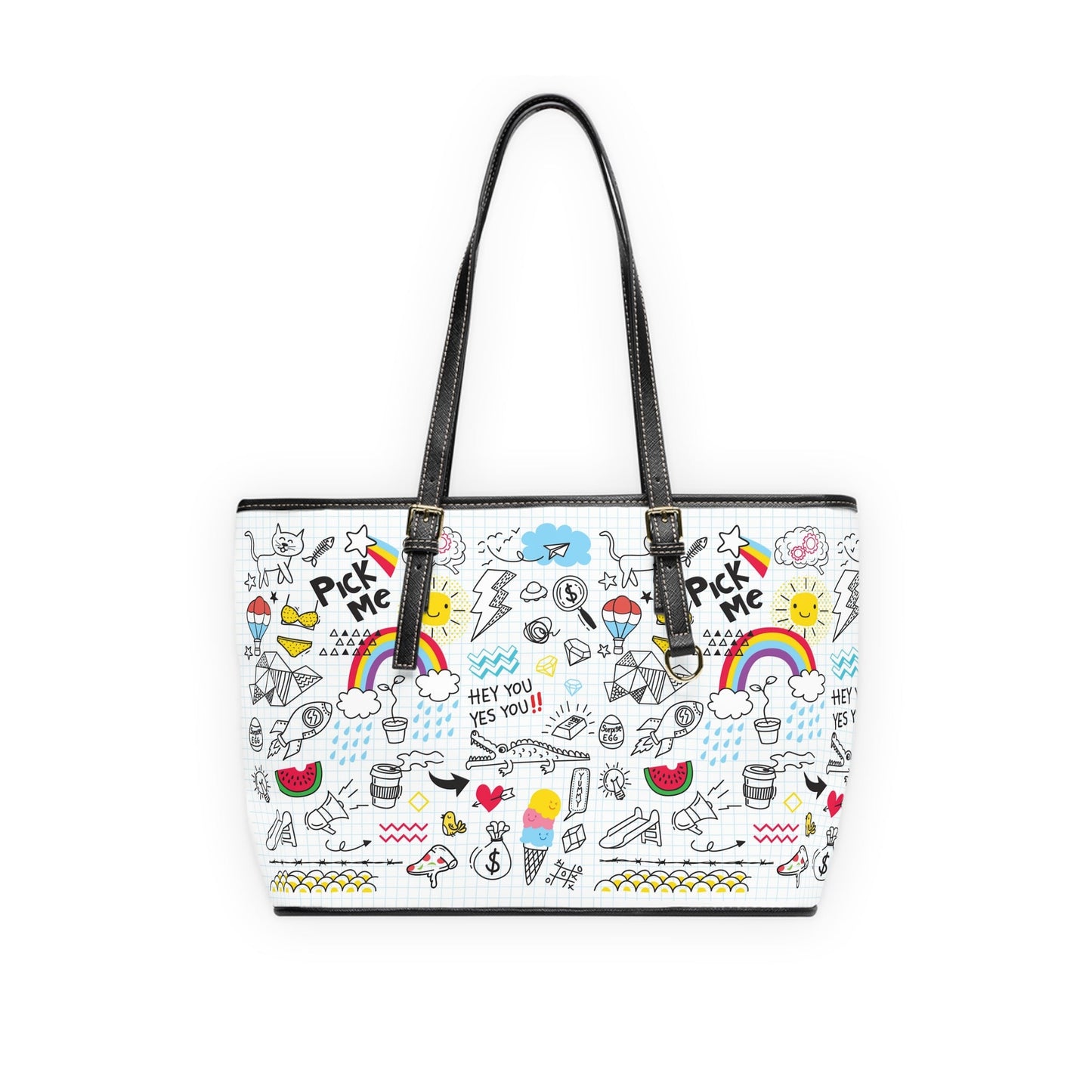 PU Leather Shoulder Bag - Doodles - 16’’ x 10’’ / Black - Bags