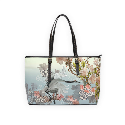PU Leather Shoulder Bag - Elegant Cranes and Blossoms - 17’’ x 11’’ / Black - Bags