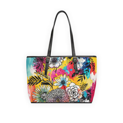 PU Leather Shoulder Bag- Flowers - 16’’ x 10’’ / Black - Bags
