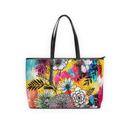 PU Leather Shoulder Bag- Flowers - 17’’ x 11’’ / Black - Bags