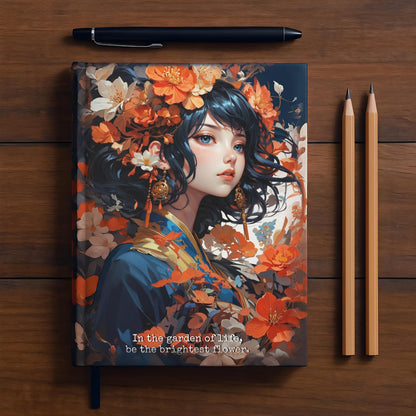 Cuaderno de tapa dura mate - Chica japonesa con kimono, arte floral, A5