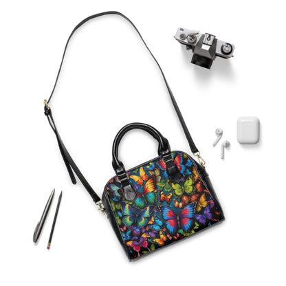 Shoulder Handbag - Vibrant Butterfly Print - 9.45’’ x 8.27’’ / Black - Bags