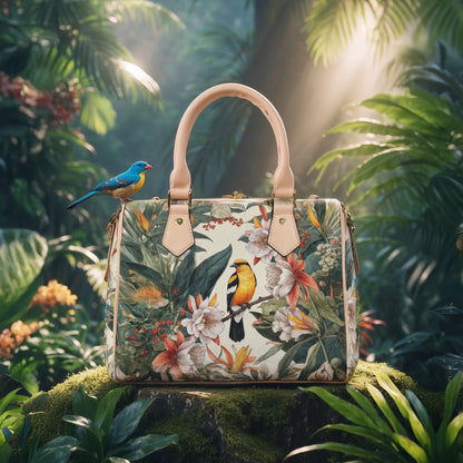 Floral handbag with bird design in a lush green forest setting