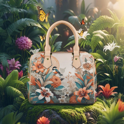 Elegant PU Leather Handbag with Floral & Bird Print