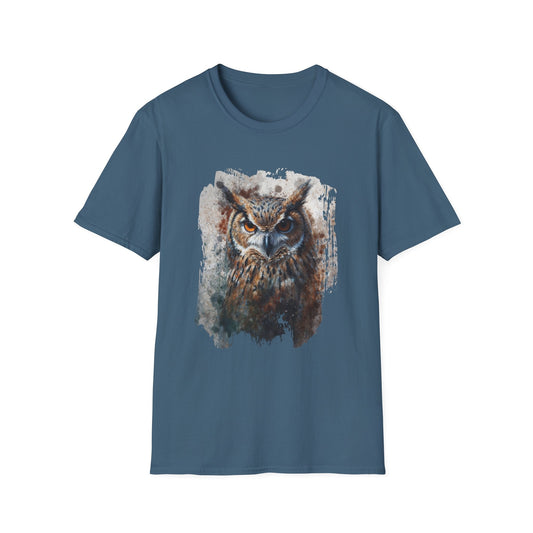Unisex Softstyle T-Shirt- Enchanting Watercolor Owl Illustration - Indigo Blue / S - T-Shirt
