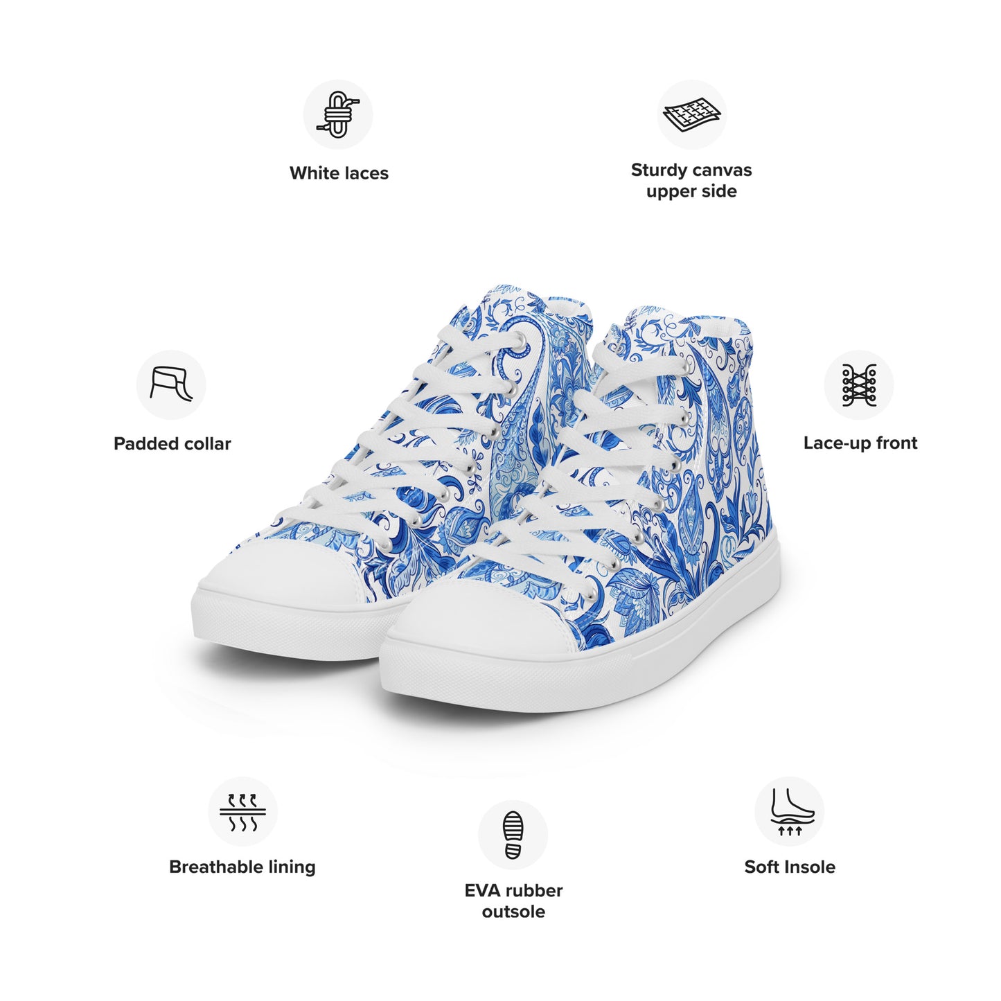 Blue Floral Canvas Shoes Women - High Top Paisley Sneakers - LucyKay store